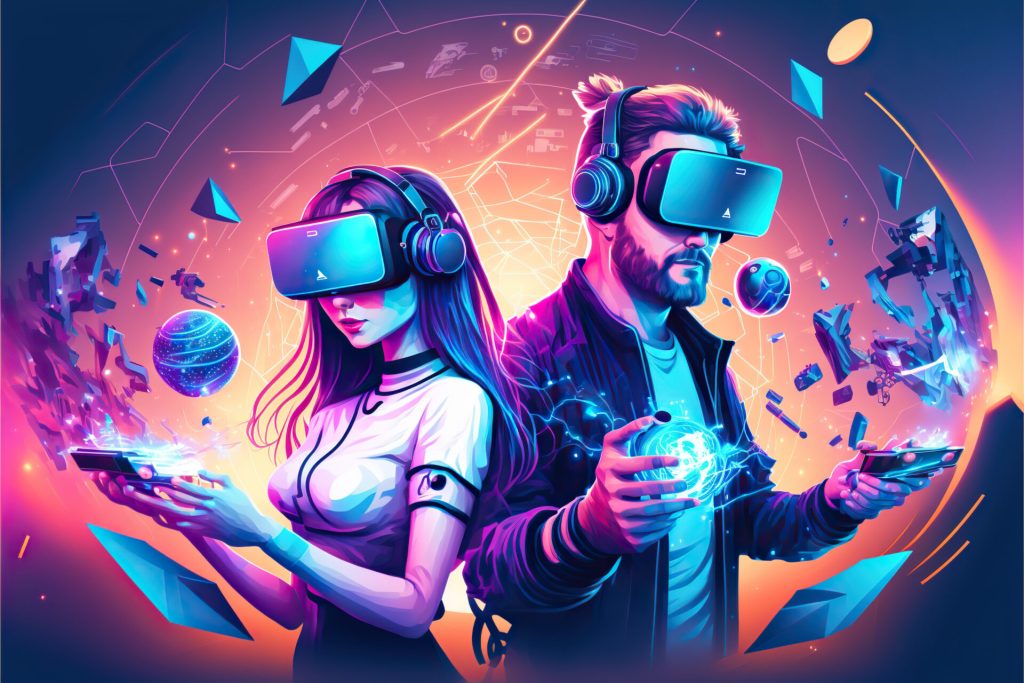 Metaverse in Online Gaming - Man and Woman Playing with VR Headsets